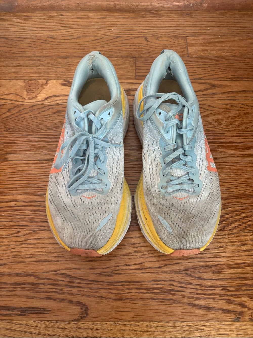 Women’s Hoka Bondi 8 Light Blue and Yellow Women's Running Shoes. Size 10